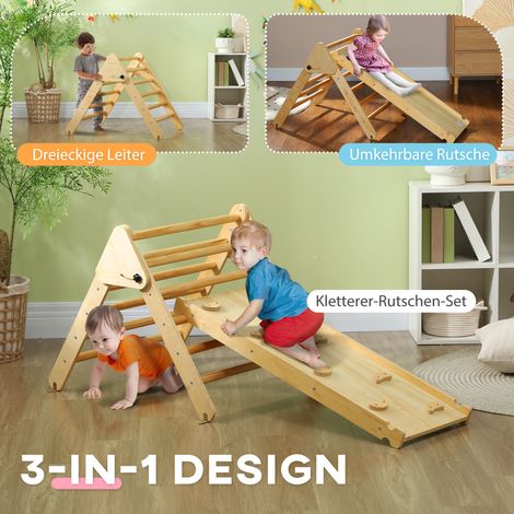 Ensemble d'escalade en bois massif pour enfant avec échelle triangulaire et rampe réversible, idéal pour les tout-petits de 18 à 48 mois. (1/4)
