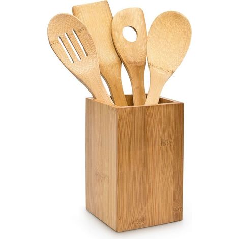 Lot de 5 ustensiles de cuisine, bambou, avec support, 30 cm, résistant à l'humidité, pour cuisson et mélange (1/5)