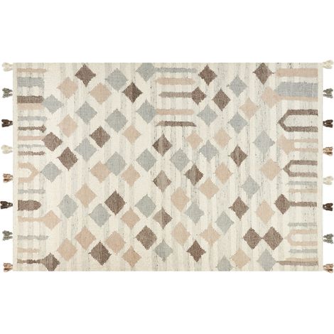 Alfombra kilim de lana beige gris marrón 200 x 300 cm a mano borlas Kaghtsrashen