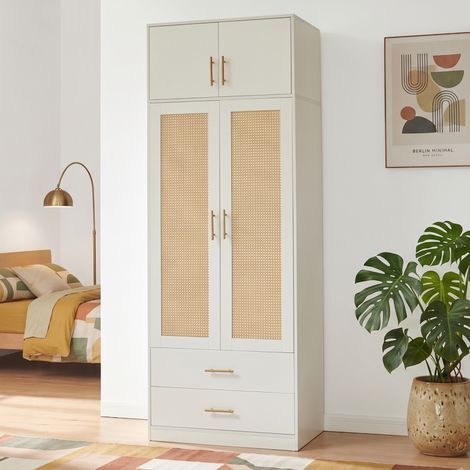 Kleiderschrank Larundi 216x80x52 cm mit 4 Türen Weiß/Rattanoptik [en.casa] (1/5)
