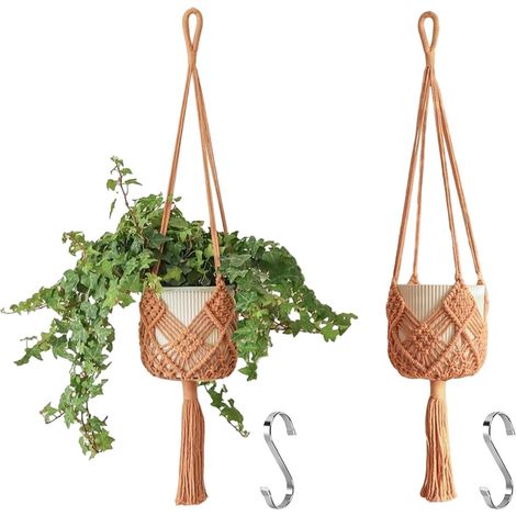 Lot de 2 suspensions pour Plantes avec Motifs, Suspensions macramé pour Plantes à l'intérieur et à l'extérieur, Convient aux Pots jusqu'à 20 cm de diamètre, Couleur Caramel (1/3)