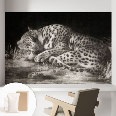 Tapete Vliestapete mit Kleber - abwaschbar - Tapete mit Motiv - trendige Wanddeko - elegant Fototapete Ruhender Leopard 104x70 cm (1/5)