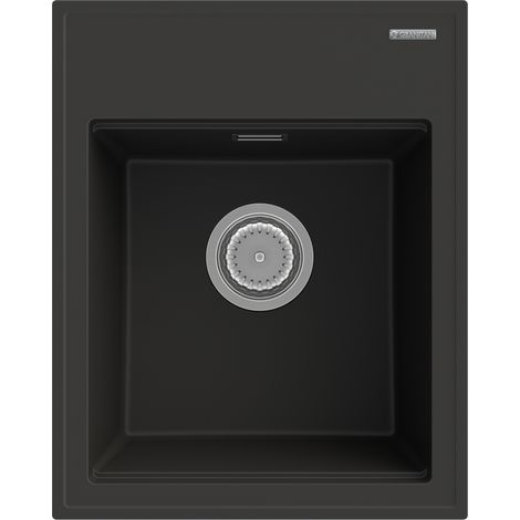 Évier en Granit Noir 1 Bac Sans Égouttoir Alor avec Siphon Manuel Chromé et Trop-Plein Rectangulaire - 500x400 mm (1/5)