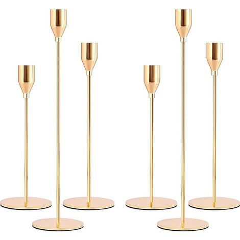 Chandelier Bougeoir Dorés 6Pcs Rétro Métal Hauts Bougie Chandelier, Coniques Bougeoir Decoratif,Chandelier de Mariage,33/28/22 cm Candélabre pour Salle À Manger Salon d'anniversaire Décor À Maison (1/5)