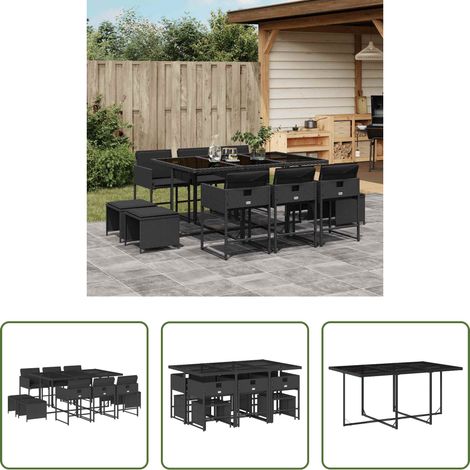 Chaises de jardin - Ensemble à manger de jardin 11 pcs coussins noir résine tressée (1/5)