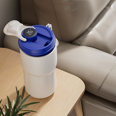 Intelligenter Becher aus Edelstahl 316, hochwertiger Isolierbecher, tragbar für Männer und Frauen, geeignet für die Verwendung im Auto, hält Getränke heiß oder kalt, blau mit Temperaturanzeige. (1/5)