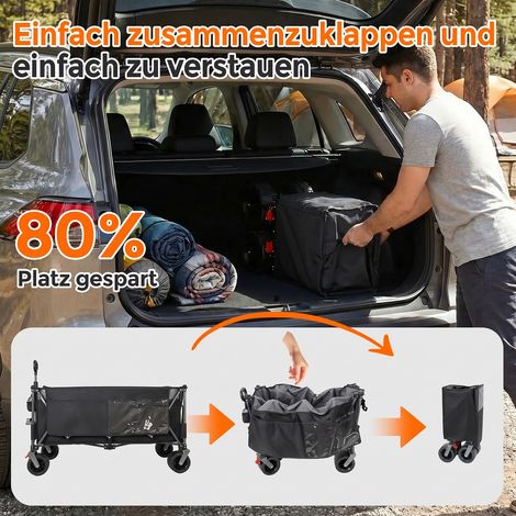 Chariot de transport pliable XXL 300L, charge max 250KG, longueur étendue 130cm, roues tout-terrain extra larges 17x10cm, remorque à bras brevetée avec montage instantané 4 directions, noir. (1/5)