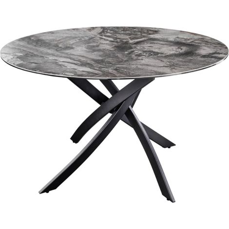 Table de salle à manger ronde ARAVIS 120 cm – Céramique effet marbre gris et piètement métal noir design (1/5)