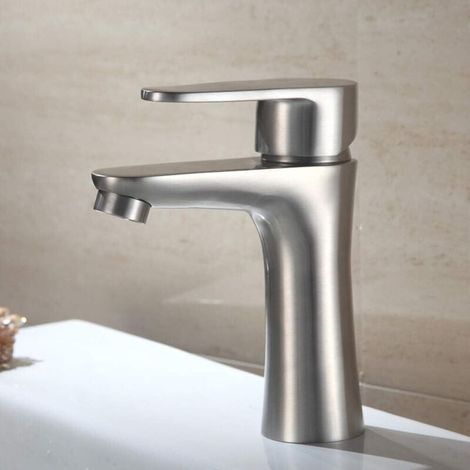 Robinet de salle de bain moderne à poignée unique, mitigeur monotrou, robinets en acier inoxydable, nickel brossé (1/4)