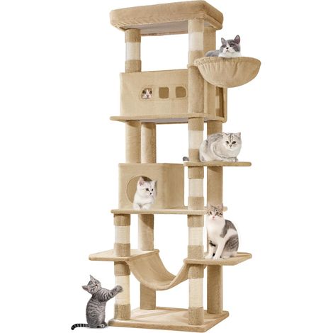 Arbre à Chat, Tour à Chat pour Chats d'intérieur, avec Grand Perchoir, Tapis Lavable, 2 Niches Chats, 8 Griffoirs, Hamac, Pompons, Marron Camel (1/5)
