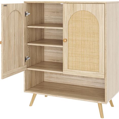 Armoire à chaussures en rotin avec portes – Lot de 2 – 4 niveaux à étagères réglables – Rangement moderne et étroit pour entrée, couloir ou salon – Finition chêne (1/5)