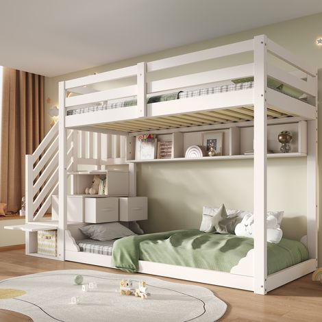 Lit superposé enfant 90x200 cm blanc avec escalier armoire rangements intégrés et barrière sécurité, lit gain de place (1/5)