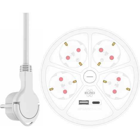 USB Steckdosenleiste 4 fach mit 2-poligem Schalter, Kindersicherung Weiß, Ø 14cm