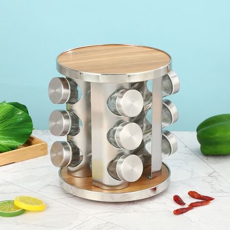 Étagère à épices Rotative à 360°, Etagère à épice de Cuisine rotative en Acier Inoxydable 430 de qualité Alimentaire, Pot à épices en Verre, (Disque Rond Grain de Bois, 12 Bouteilles) (1/5)