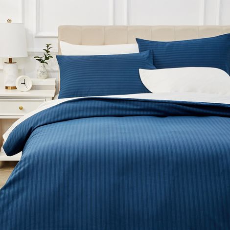 Parure de Lit 2 Personnes 3 Pièces en Microfibre, Housse de Couette 200 x 200 cm et 2 Taies d'oreiller 50 x 80 cm, Bleu Marine Rayé (1/5)