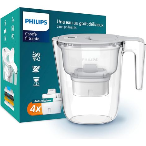 Carafe filtrante +4 cartouches filtrantes de remplacement Anti-calcaire+, JUSQU'À 50% DE RÉDUCTION DE LA DURETÉ EN PLUS, débit rapide, blanc, 2,6 litres, minuterie électronique (1/5)