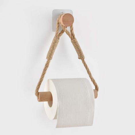 Porte-Papier Auto Adhésif Support pour Rouleau de Papier Toilette, Porte-Papier Salle de Bain Support de Rouleau de Serviette Toilette Corde en Bois Anneau De Serviette Rustic (1/5)