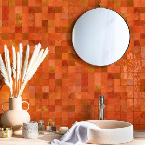 Carrelage Zellige Marocain Orange Pétillant 5x5 cm  (vendu par plaque de 30x30 cm soit 0,09 m²) - RO'MA NATURE