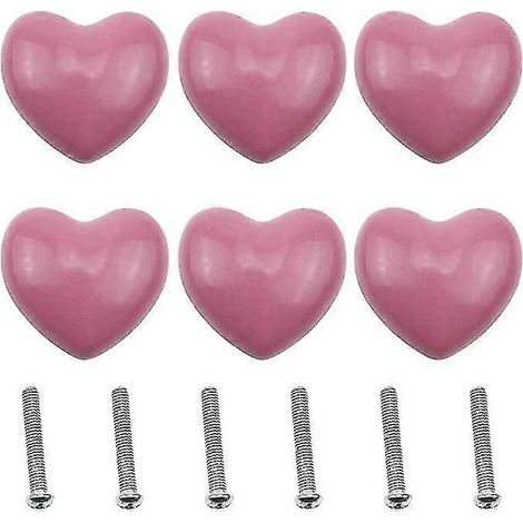 Lot de 6 boutons de tiroir en céramique rose en forme de cœur, poignées de porte pour placard, armoire de cuisine ou chambre d'enfant. (1/5)