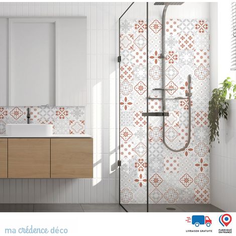 Panneau de douche : Carreaux ciment classique gris - Couleur Rouge beige - Alu composite - 90 - 245 (1/3)