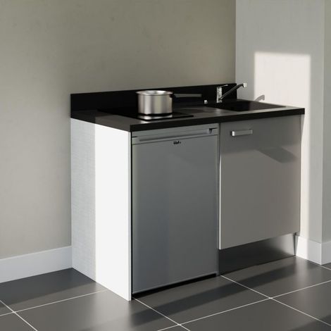 Kitchenette K08L - 120 cm - plan monobloc évier intégré Nero- évier à droite - Façades Gris + Electroménager inclus coloris Inox (1/5)