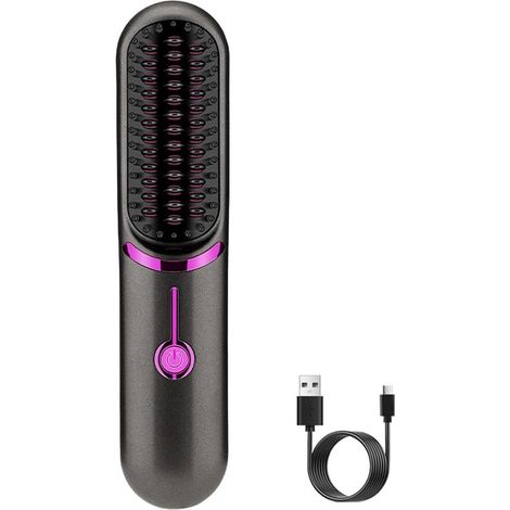 Brosse lissante chauffante sans fil pour cheveux, brosse électrique de coiffage, noir et violet (1/2)