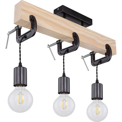 Lampada in legno plafoniera 3 fiamme sala da pranzo lampada soggiorno, legno metallo colore naturale nero, 3x prese E27, HxLxL 39x60x14 cm (1/5)