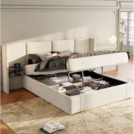 Cama tapizada 160x200 cm en terciopelo beige, con cabecero, somier de láminas, almacenaje, USB y enchufes (1/5)