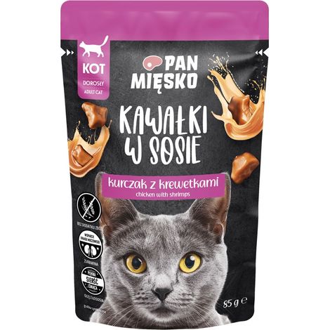 Mr. Meat  Cibo umido completo per gatti  Bocconcini in salsa - Bustina da 85 g - Pollo con gamberi 85 g (1/2)