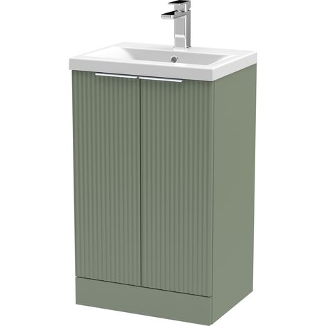 Contemporary Fluted Front Floor Standing 2 Soft Close Door Bathroom Vanity Unit with 1 Tap Hole Ceramic Basin 500mm, Satin Green