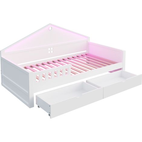 Letto per bambini 90 x 200 cm con LED, 2 cassetti, rete a doghe, bianco (1/5)