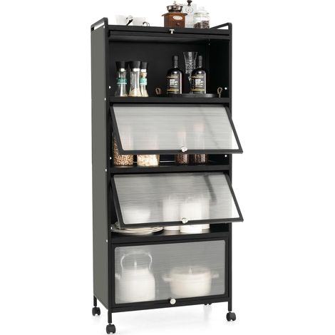 Costway – Étagère de cuisine 5 niveaux – Armoire avec portes semi-transparentes – 4 roulettes pivotantes – Dimensions 60 x 32 x 154 cm – Capacité 75 kg