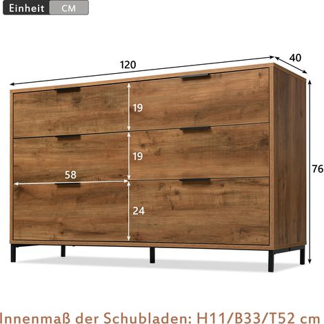 Redom – Commode buffet 6 tiroirs 120x40x76 cm en chêne foncé – Rangement spacieux pour vêtements et linge – Convient à chambres et salons