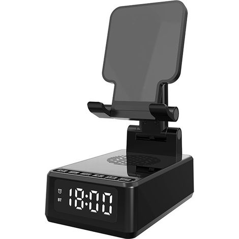 Enceinte Bluetooth avec chargeur sans fil et support pour téléphone, support de téléphone portable pliable en angle et en hauteur avec réveil, cadeau d'anniversaire idéal pour hommes, femmes, parents (1/5)