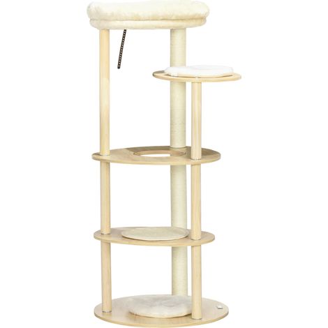 Arbre à chat griffoir grattoir avec poteaux sisal coussin amovible plateforme peluche et bois hauteur 123,5 cm beige (1/5)