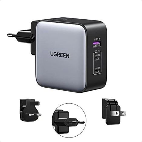 Caricatore da Viaggio - UGREEN - Nexode 65W - 3 Porte USB C - Adattatore Internazionale - Ricarica Veloce