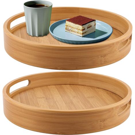 Lot de 2 Plateaux, Bambou Naturel, Poignées Ergonomiques, Diamètre 30 cm, Pour Petit Déjeuner Et Apéritif (1/5)