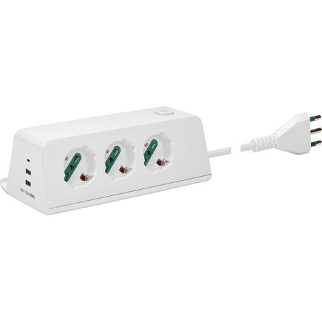 VIMAR 00609.CC.B Presa multipla da scrivania con interruttore e cavo 2m, 3 uscite SICURY universale standard italiano, 2 uscite USB A e 1 USB C, ricarica induttiva 10 W, spina 16A, bianco (1/4)