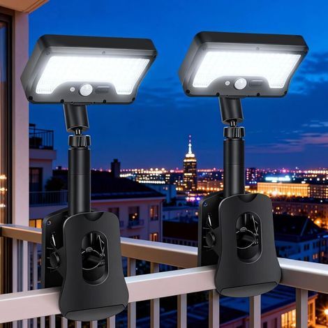 Lot de 2 lampes solaires d'extérieur à clipser avec détecteur de mouvement, 3 modes LED, étanchéité IP65, lampes solaires d'extérieur pour jardin, terrasse, balcon et clôtures gouttières (1/5)
