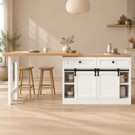 Isola cucina girevole 120-197 cm con porte scorrevoli e 2 cassetti bianca OKMYHOME (1/5)