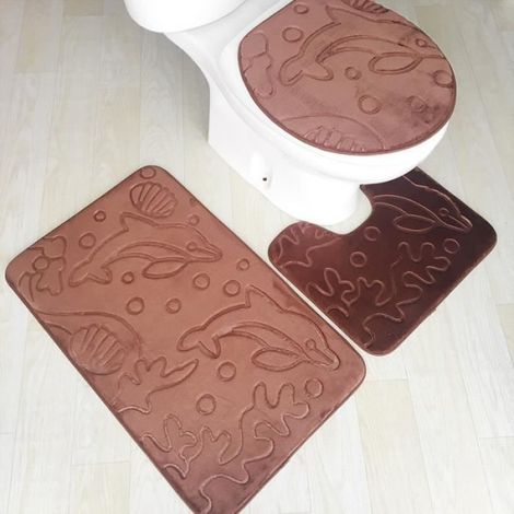 3pcs - set flanelle gaufrage tapis tapis de couverture de siège de toilette Dauphin brun foncé 50 80CM 50 40CM 43 38CM (1/3)