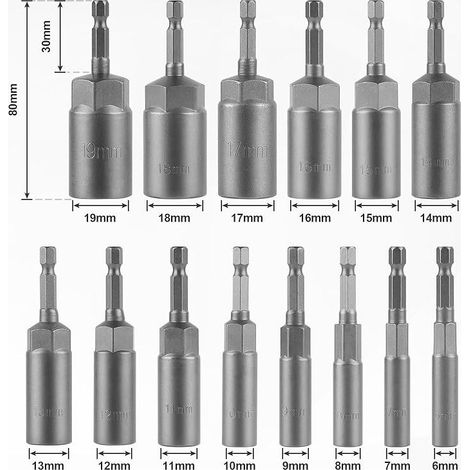 14 pcs Douille Visseuse Approfondie a Choc 1/4'', Coffret Douille Visseuse 6,7,8,9,10,11,12,13,14,15,16,1718,19mm (1/5)