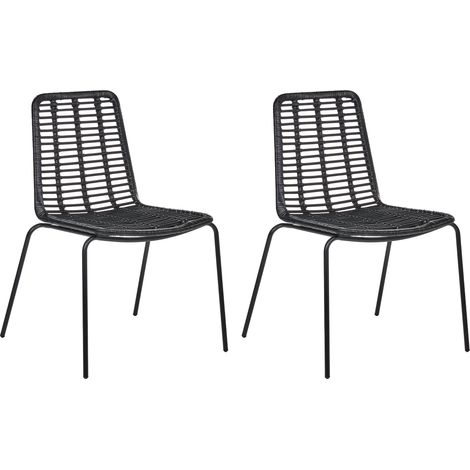 Conjunto de 2 sillas sin reposabrazos patas de hierro respaldo y asiento de ratán diseño vintage boho negro Taos