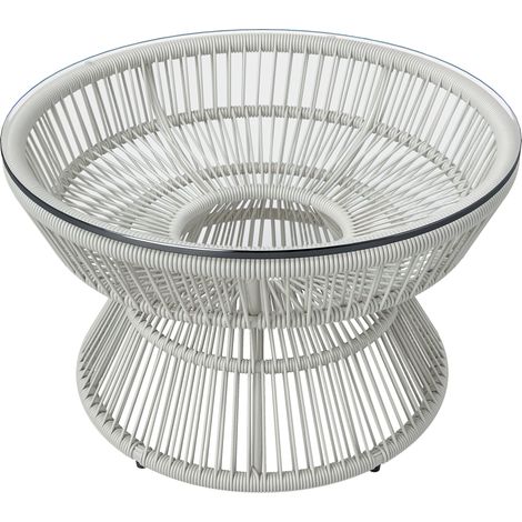 Runder Beistelltisch aus Rattanharz mit Tischplatte aus gehärtetem Glas für den Garten, Ø 60 cm, Höhe 37 cm