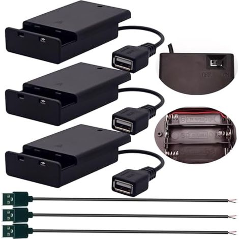 Porte-Batteries 3 Piles AA 4,5V Interrupteur Couvercle, Boîte Support Batterie borne USB Femelle câble USB mâle 0,3 m, Ensemble 3 Conforme Bandes LED Bricolage (1/4)