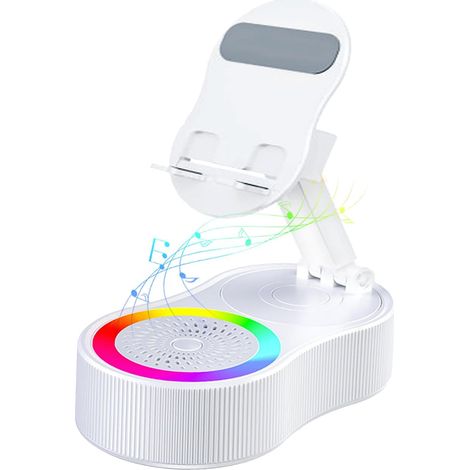 Handyhalterung, verbesserte Version mit kabellosem Bluetooth-Lautsprecher, farbiger Ambientebeleuchtung, wiederaufladbar für Notfälle, 360° faltbar, Weiß