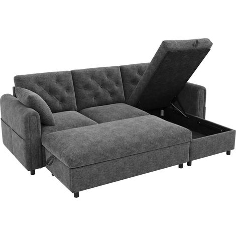 GagaCanapé en velours réversible chaise longue et pouf de rangement, gris, 219x131x86 cm (1/5)