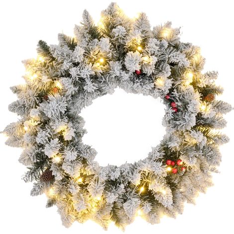 Corona navideña artificial para puerta, 60 cm, con piñas y racimos de bayas, luces LED y temporizador verde. (1/5)