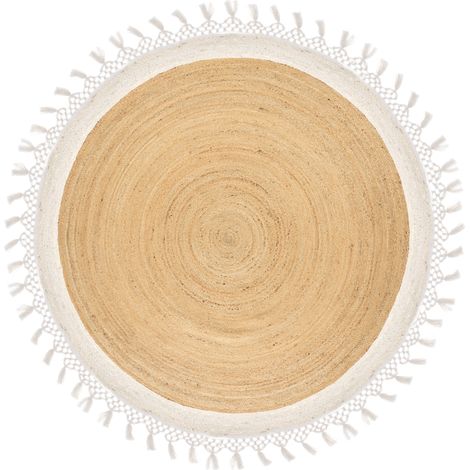 Alfombra boho rústica redonda 200 cm de yute natural trenzado a mano beige y blanco Marts