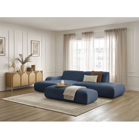 BOBOCHIC - Canapé d'angle fixe SIRIUS tissu texturé avec grand pouf Angle gauche Bleu foncé (1/5)